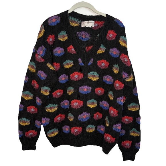 Peruvian Connection Sweaters - Vintage Peruvian Connection Sweater Womens Large Black Bright Floral *Flawed